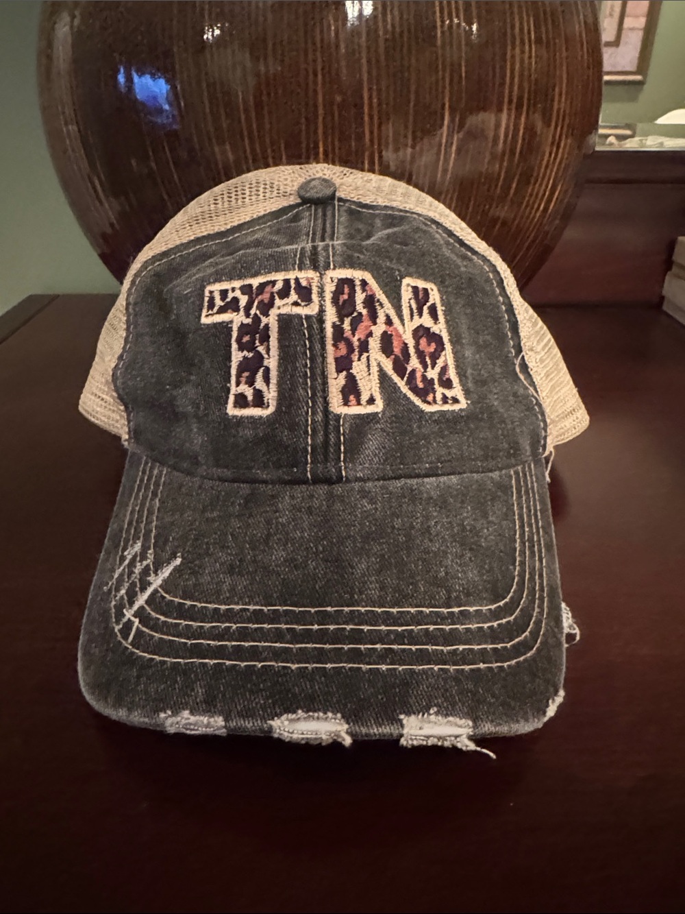 Katydid Black and Tan Trucker Hat with Leopard TN Patch